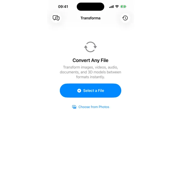 Transforma app home screen showing Select a File and Choose from Photos buttons on iPhone